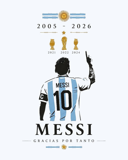 Diseño de la remera: Sol de Mayo, 2005-2026, tres copas y el 10 con la cinta de capitán