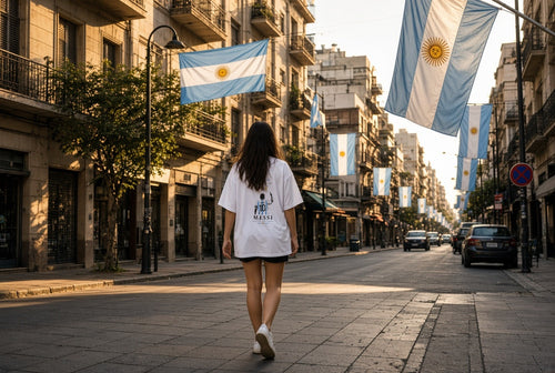 Chica caminando por una calle con banderas argentinas con la remera Gracias por tanto