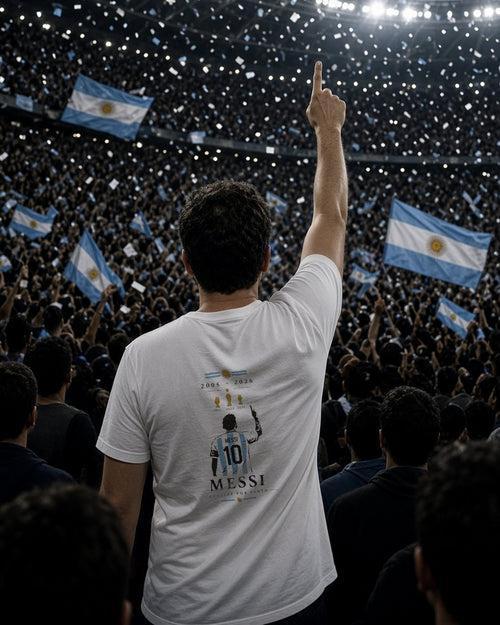 Hincha en el estadio señalando al cielo con la remera Gracias por tanto en la espalda