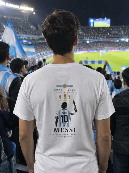Hincha en la tribuna con la remera del 10 estampada en la espalda