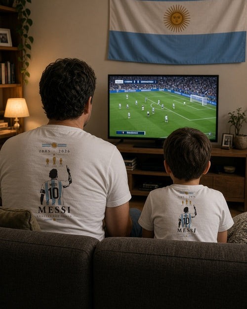 Padre e hijo mirando el partido en el sillón con la remera Gracias por tanto en la espalda